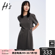 hs奥莱2023夏季短袖卫，衣裙女装灰色，高级感镂空收腰卫衣连衣裙