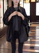 黑色皮衣外套女2024年春皮季夹克(季夹克)宽松洋气衬衣中长款风衣.