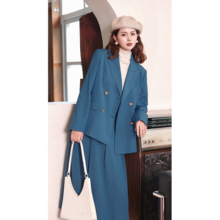 色彩灵感~秋季蓝色女装通勤套装两件套西装外套+中长款半身裙