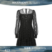 奥莱maxrieny波点蕾丝短裙，女秋季长袖，黑色连衣裙v领a字裙