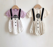 韩国童装夏季男童女童纯棉婴幼童套装背带爬服 80-90码