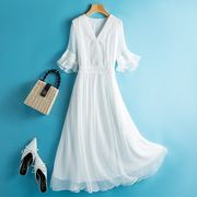 白色真丝连衣裙女中长款收腰洋气，高档桑蚕丝气质仙女长裙超仙夏季