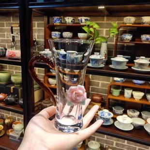 日式茶杯玻璃杯泡绿茶专用男士高档带把手水杯家用绿茶杯水晶杯子