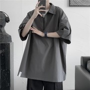 pureピュア衬衫男短袖夏季大码半拉链工装，上衣高级设计感小众衬衣