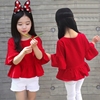 2024夏季女童纯棉短袖t恤喇叭中袖娃娃，衫韩版儿童宝宝上衣亲子装
