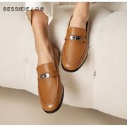 BESSIEIE/贝缌英伦风金属扣乐福鞋真皮圆头平底单鞋