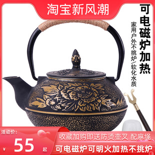 日本铁壶煮茶壶电磁炉，烧水壶牡丹铁壶，防烫茶具套装家用简约煮茶器