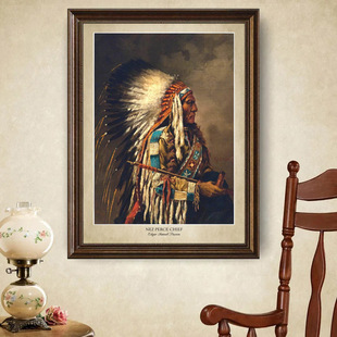 装饰画有框挂画墙壁复古怀旧美式相框美洲印第安人美国西部书房