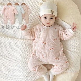 婴儿春秋衣服新生儿纯棉，护肚连体衣宝宝，夹棉哈衣打底薄棉爬服棉衣