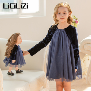 LiCiLiZi粒子女童宝蓝色假两件丝绒长袖连衣裙娃娃衫2024年秋季款