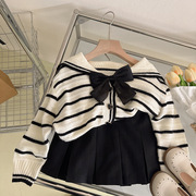 女童学院风针织套装2024秋季儿童海军领条纹毛衣百褶裙两件套