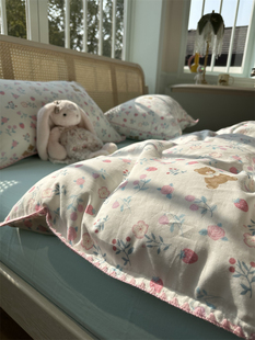 少女心双层纱田园草莓，小熊四件套纯棉，1.5m1.8米全棉被套床单小花