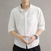 七分袖衬衫男夏季薄款日系中袖韩版亚麻，男士棉麻料，休闲短袖白衬衣(白衬衣)