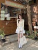 WKN404086 韩系甜美淡黄色假两件小上衣女蕾丝拼接蓬蓬裙套装夏季