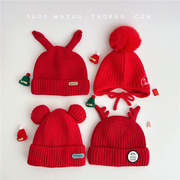 红色新年款婴儿帽子秋冬季纯棉男女童护耳帽宝宝本命年大红毛线帽