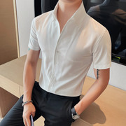 短袖衬衫男夏季薄款英伦高级感休闲修身商务职业帅气纯色V领衬衣