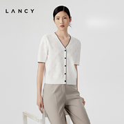 lancy朗姿2024夏季v领短袖白色针织衫，撞色通勤高级感薄套头衫女