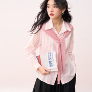 2024春夏季新韩版法式少女粉色条纹衬衫，披肩休闲宽松上衣女