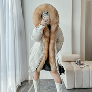 超大毛领羽绒服女2023冬季女装皮草，白色中长款休闲白鸭绒(白鸭绒)外套