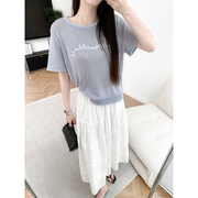 字母刺绣亚麻莱赛尔圆领短袖，针织衫夏季宽松套头t恤韩版女装上衣