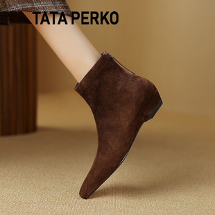 tataperko联名羊皮棕色坡跟短靴，女秋冬加绒尖头，瘦瘦靴磨砂皮裸靴
