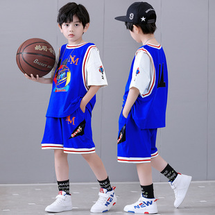 胖童男童短袖套装夏天蓝色篮球服宽松夏装中童帅气男孩洋气运动服