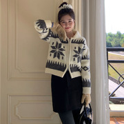 韩国chic复古小众双拉链设计 雪花宽松厚实保暖短版外套针织毛衣