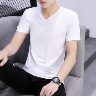 夏季纯色纯白t恤男士，短袖v领韩版潮流，打底衫白上衣服体桖男装半袖