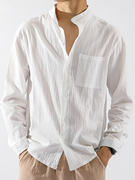 夏季亚麻衬衫男长袖修身休闲薄款纯色，日系复古工装防晒棉麻料衬衣