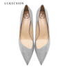 LUKECSION灰色高跟鞋女真皮舒适绒面浅口斜口性感尖头细跟8cm单鞋