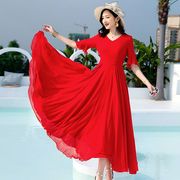 2024夏季沙滩长裙红色雪纺连衣裙女长款大摆显瘦超长裙子仙女