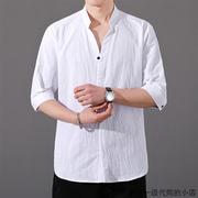 棉麻短袖T恤男夏季纯棉简约七分袖衬衫潮流薄款亚麻中袖衬衣