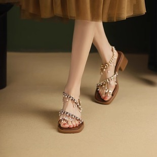 羊皮版~波西米亚夹脚粗跟珍珠吊坠凉鞋女夏季方头金色水钻罗马鞋