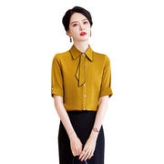 2023春夏黄色短袖衬衫女士，韩版职业修身工作，衣服正式装