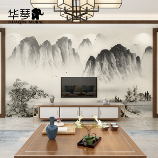 现代中式大型山水壁画高山写意客厅卧室电视背景墙无纺布壁纸定制