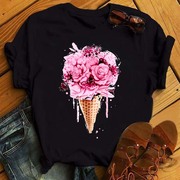 florallovet-shirt创意紫色花卉，爱心卡通印花黑色圆领，女短袖t恤