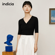 indicia 羊毛V领白色T恤薄款针织衫五分袖上衣夏季标记女装