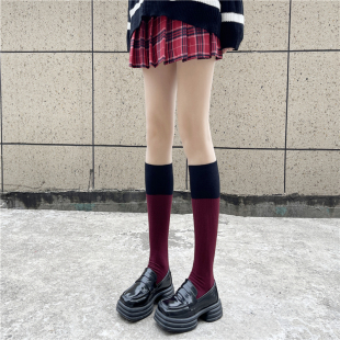 红色拼接长筒袜JK拼色小腿袜子春秋冬保暖堆堆袜黑色显瘦竖条过膝
