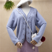 外贸原单秋冬天蓝色钉珠安哥拉兔毛短款开衫外套针织毛衣女Q147