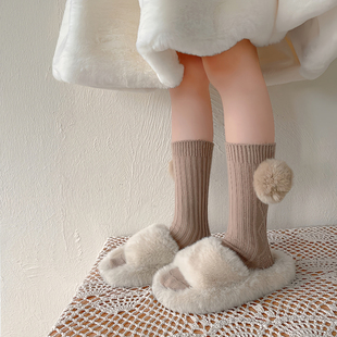 女童中筒袜春秋季羊绒儿童堆堆袜韩系洋气毛球纯色女宝宝长筒袜