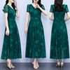 墨绿色裙子质感高级感连衣裙，2024夏装显瘦雪纺提花，裙气质大摆长裙