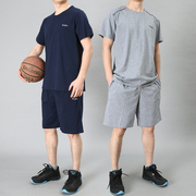 纯棉短袖篮球服套装宽松青年跑步服有袖球衣加肥加大健身服男球服