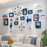 地中海照片墙客厅沙发，背景墙面装饰相框挂墙组合创意房间相片墙贴