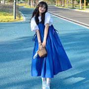 复古蓝色背带连衣裙女装夏季设计感森系吊带，长裙2023学生裙子