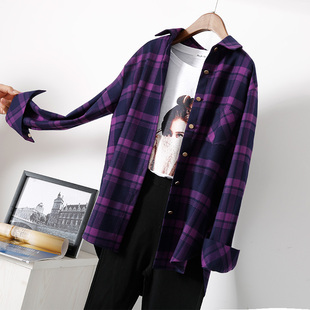 磨毛格子衬衫女长袖紫色衬衣外套2023春秋宽松韩版设计感上衣