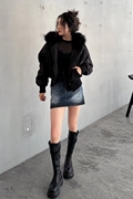 黑色大毛领夹克棉服，外套女2023年冬季短上衣时尚保暖潮