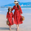 三亚海边度假亲子装沙滩装红色长裙春夏季母女装洋装七分袖高端