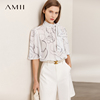 amii2024秋季雪纺，衫女洋气时尚印花飘带，短袖衬衫花瓣袖上衣