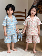 儿童100%棉布睡衣夏季短袖短裤两件套装男女童宝宝透气空调家居服