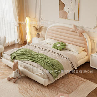 儿童床现代简约奶油风软靠皮艺网红床，1.5m皮床单人床高端红半圆床